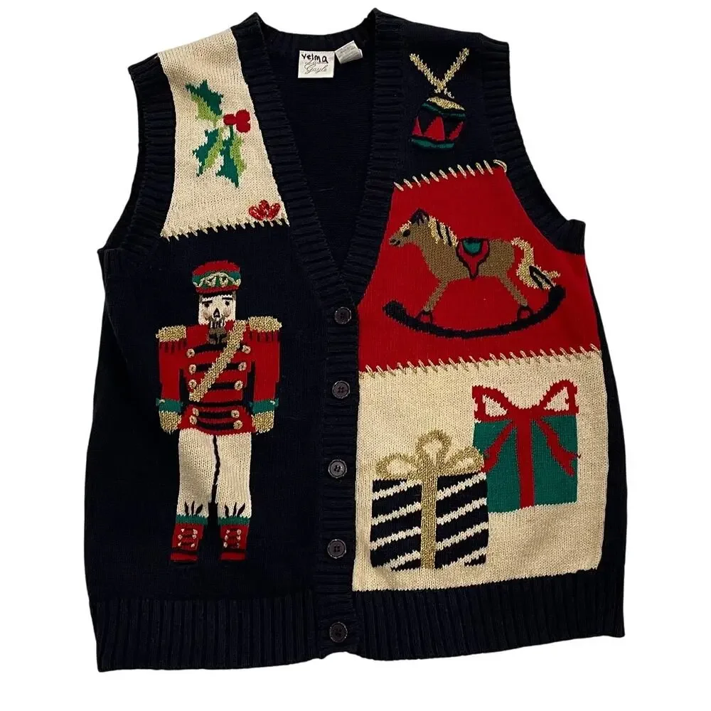 Lauren Gayle Navy, Red, Christmas Patchwork Sweater Vest, Nutcracker, Holly, M